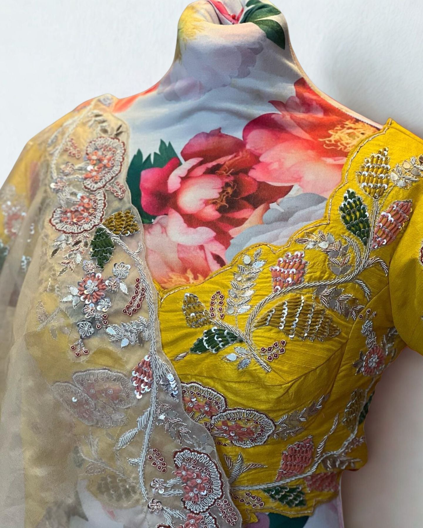 Beige Skirt with Yellow Blouse Floral Motifs Lehenga Set