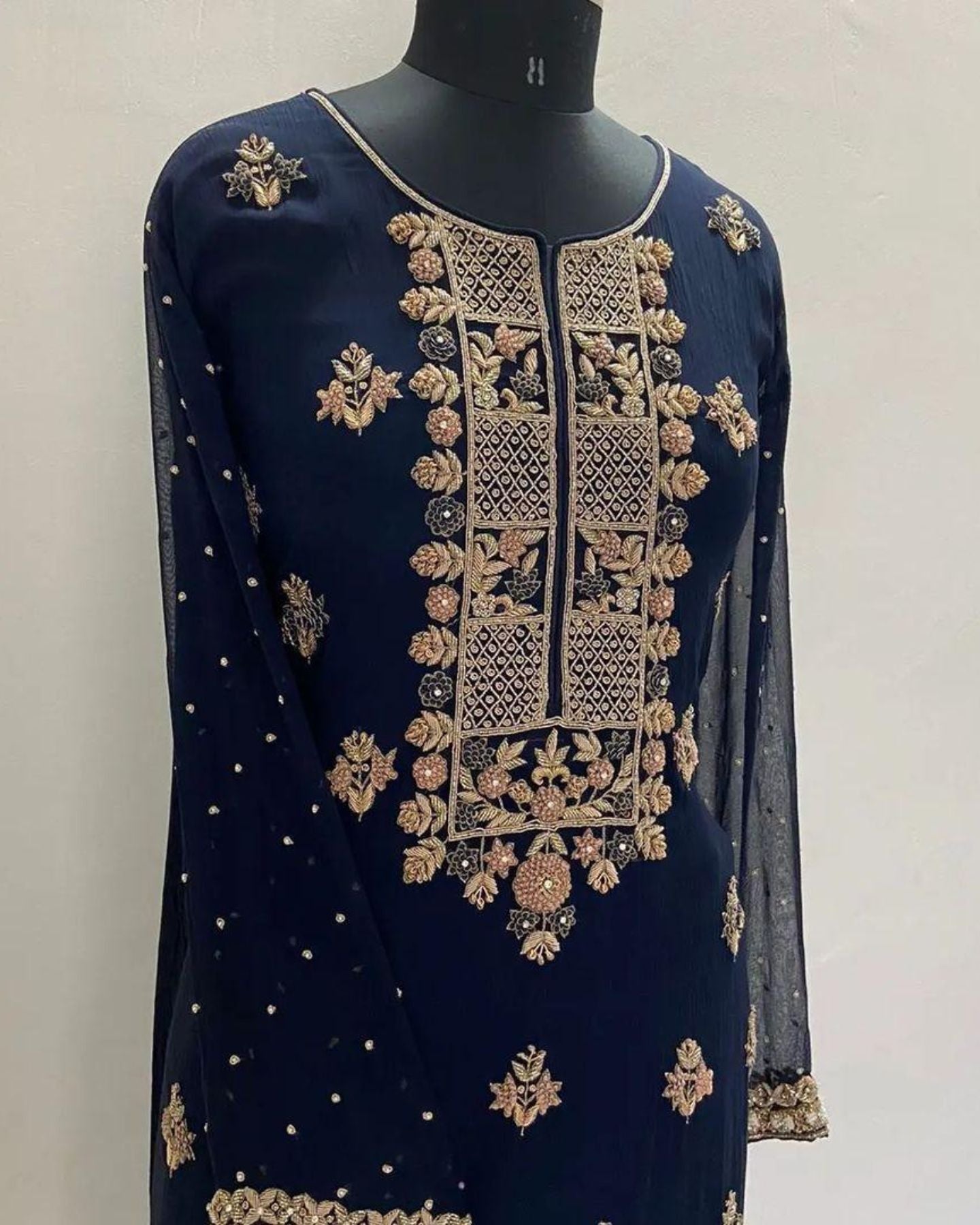 Navy Blue Chiffon Sharara Suit With Cutdana Embroidery