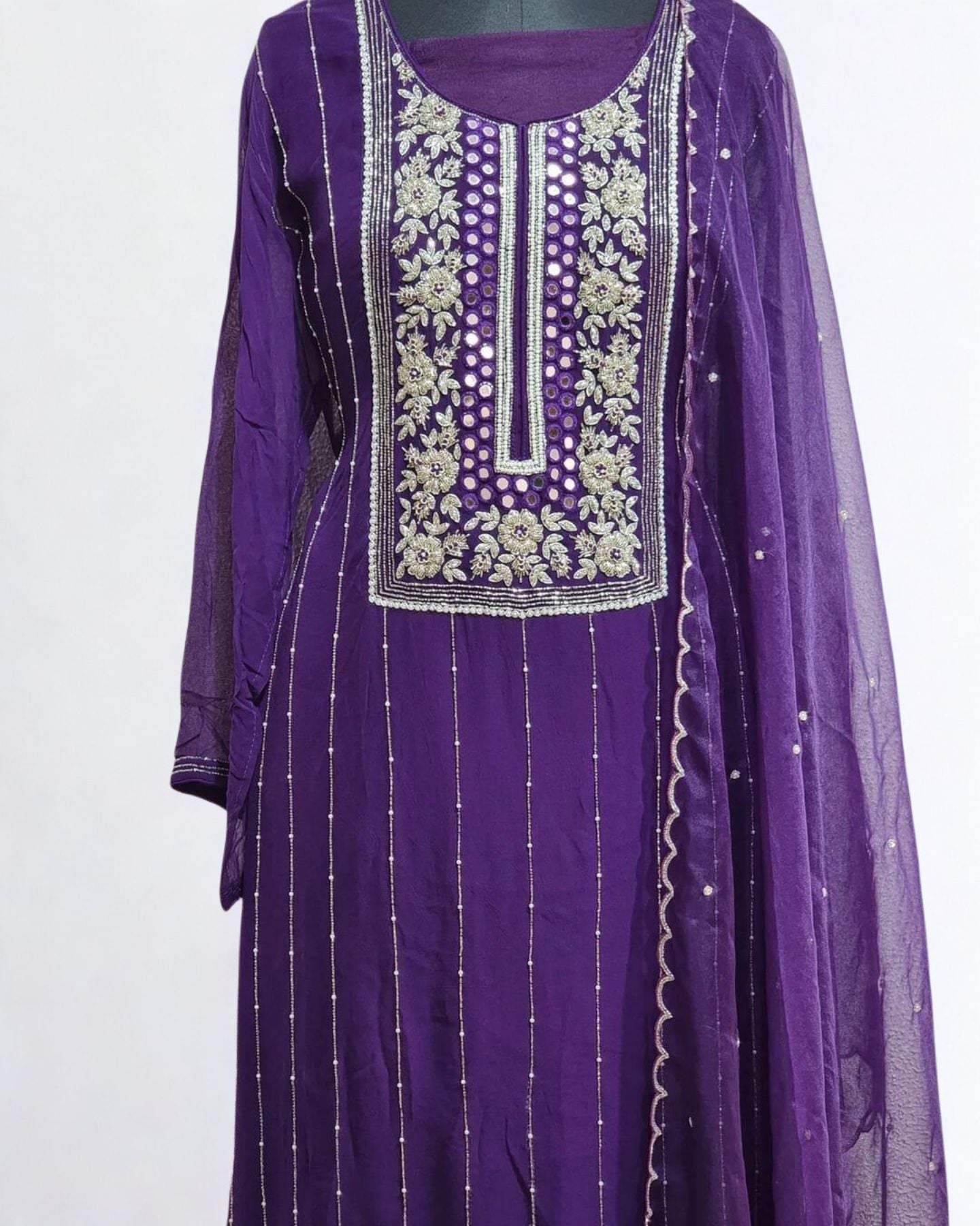 Purple Chiffon Sharara Suit With Cutdana And Mirror Work