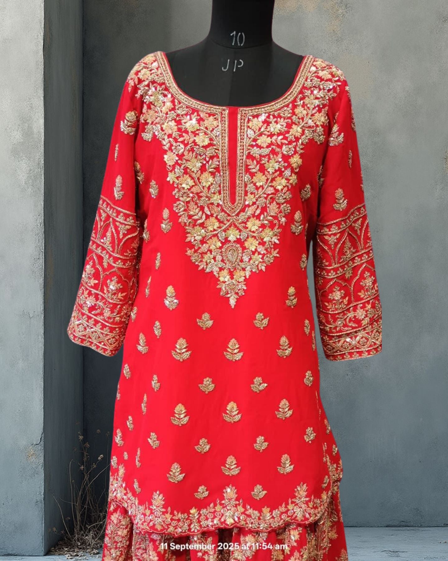 Red Georgette Sharara Suit With Zari Embroidery