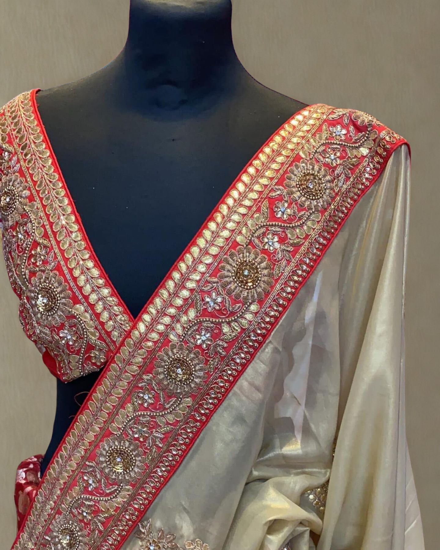 Red Satin Brocade Saree And Unstitched Blouse