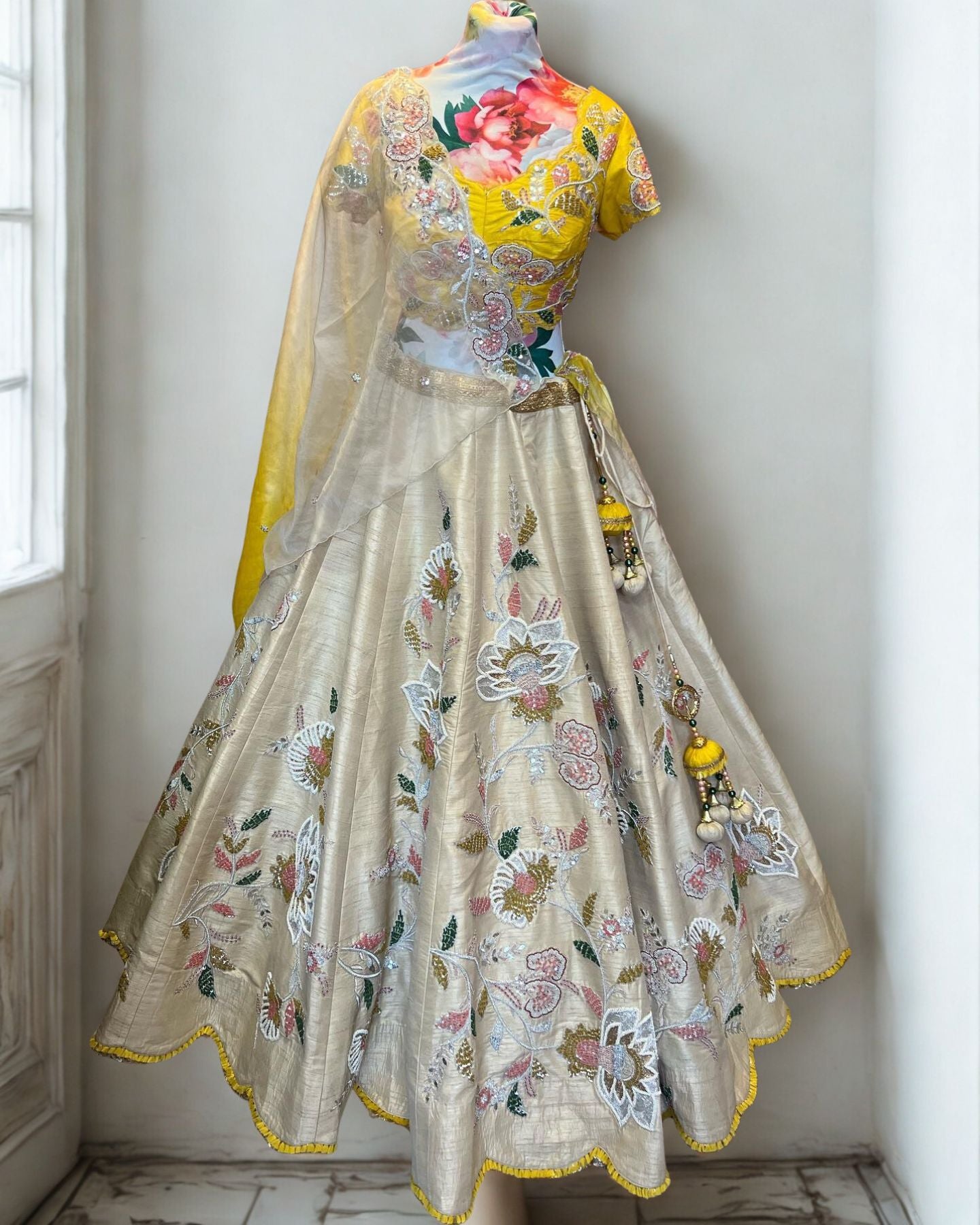Beige Skirt with Yellow Blouse Floral Motifs Lehenga Set