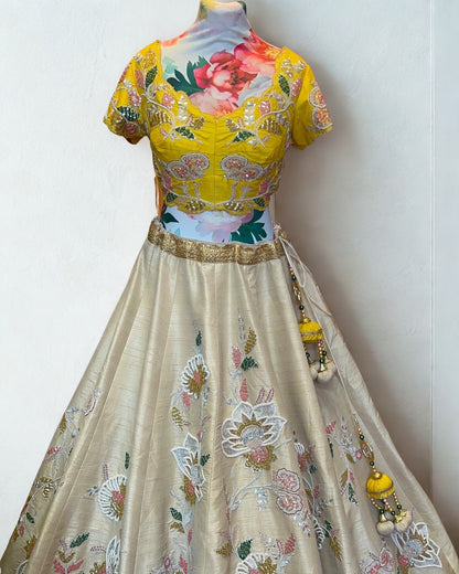 Beige Skirt with Yellow Blouse Floral Motifs Lehenga Set