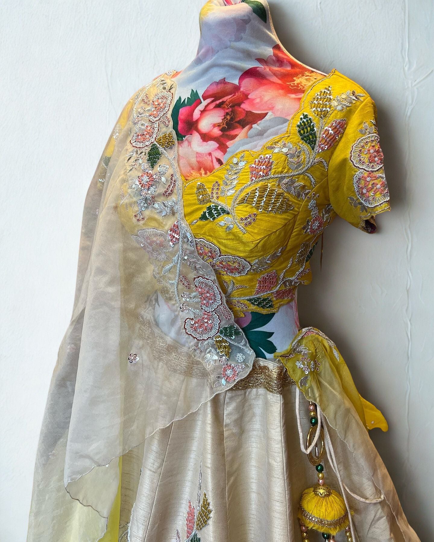 Beige Skirt with Yellow Blouse Floral Motifs Lehenga Set