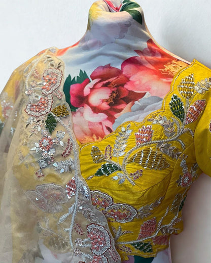 Beige Skirt with Yellow Blouse Floral Motifs Lehenga Set