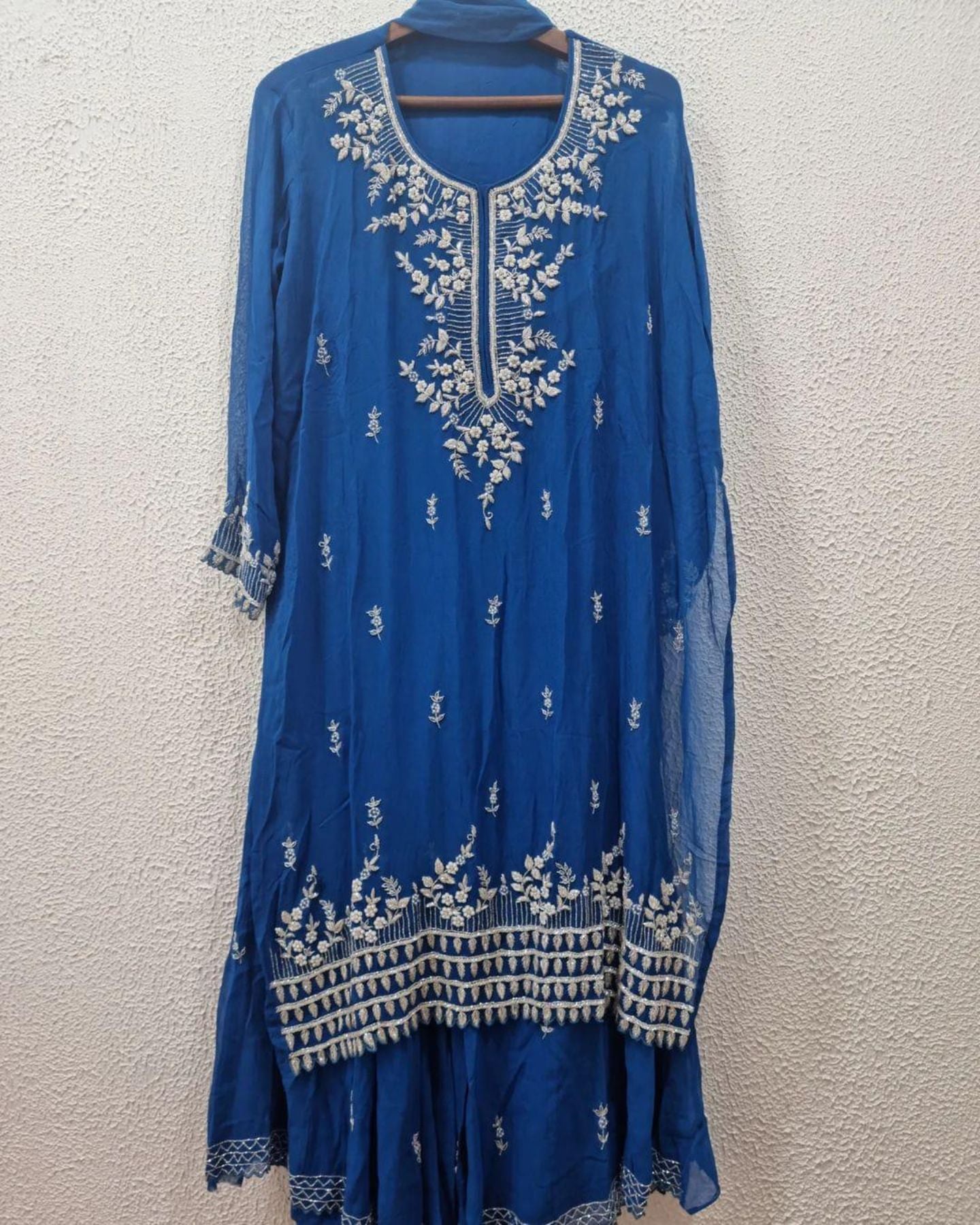 Blue Chiffon Sharara Suit With Cutdana Work