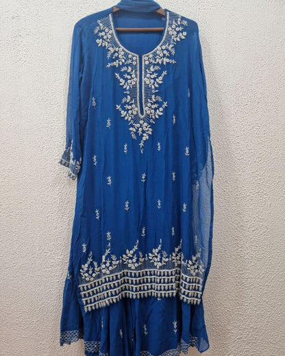 Blue Chiffon Sharara Suit With Cutdana Work