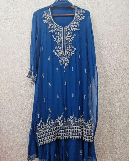 Blue Chiffon Sharara Suit With Cutdana Work