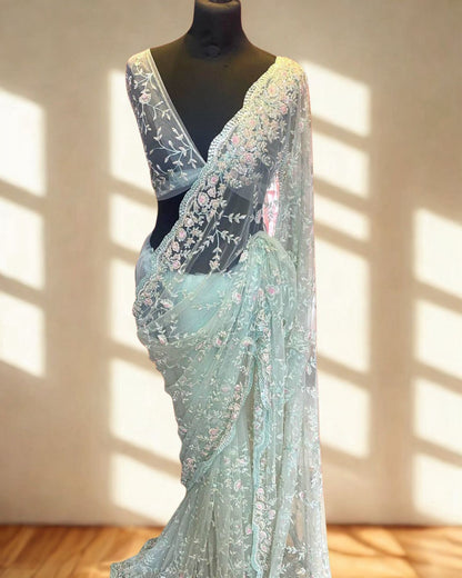Blue Net Saree With Heavy Hand Embroidery And Unstitched Blouse