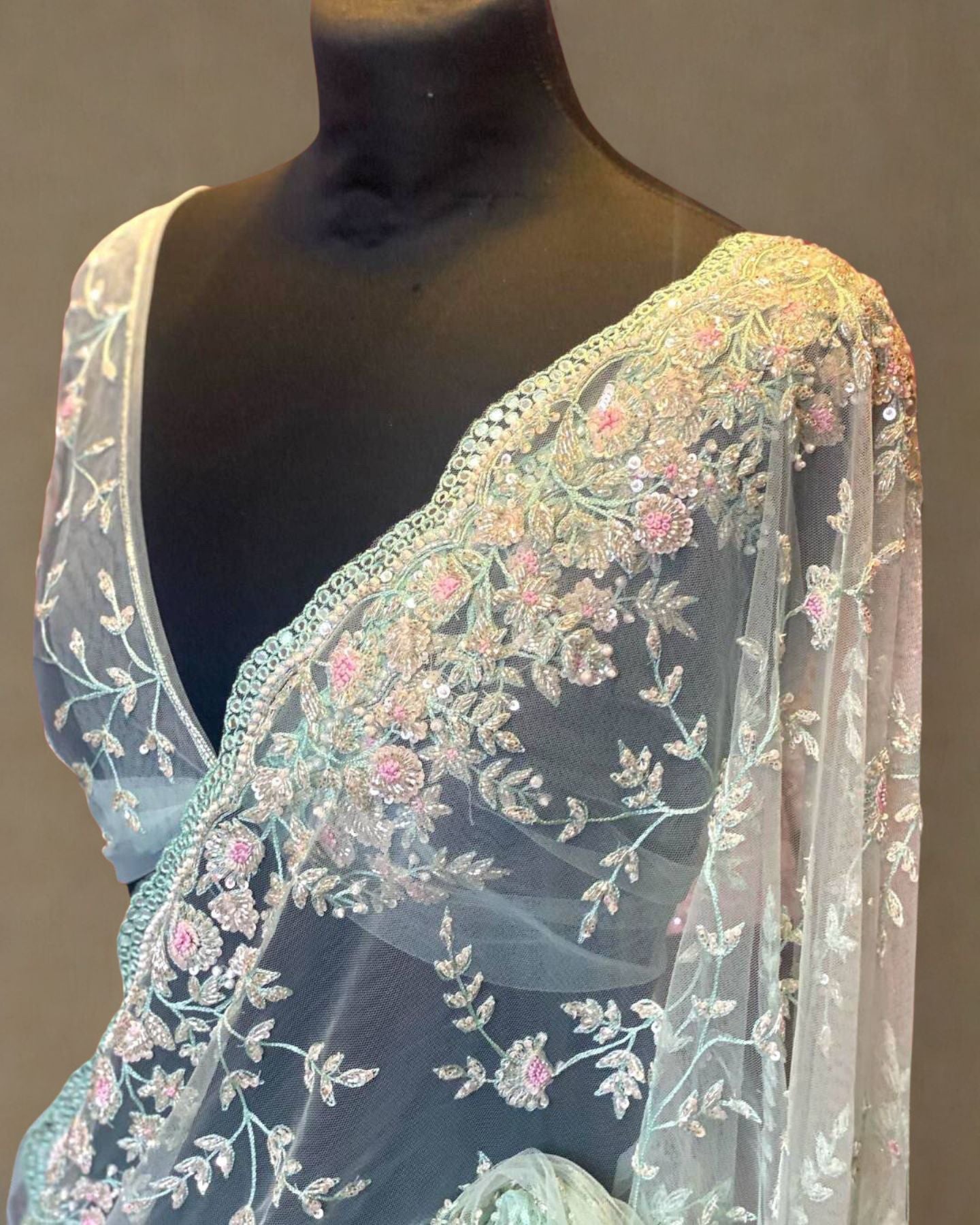 Blue Net Saree With Heavy Hand Embroidery And Unstitched Blouse