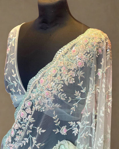 Blue Net Saree With Heavy Hand Embroidery And Unstitched Blouse