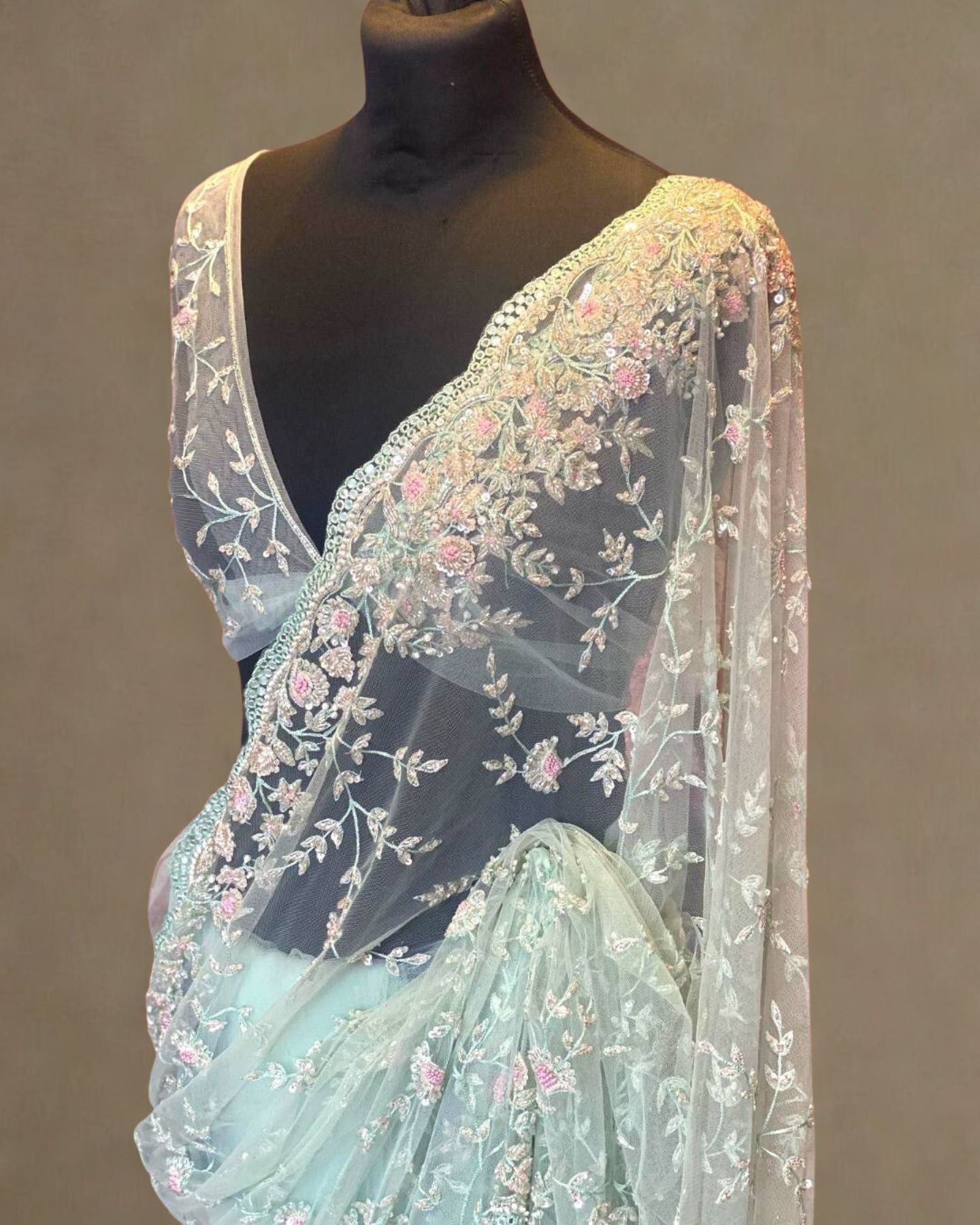 Blue Net Saree With Heavy Hand Embroidery And Unstitched Blouse