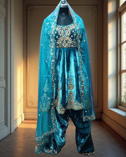 Blue Velvet Zari Embroidered Anarkali Suit
