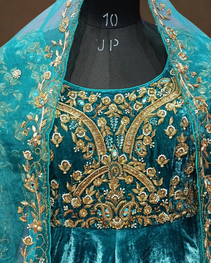 Blue Velvet Zari Embroidered Anarkali Suit