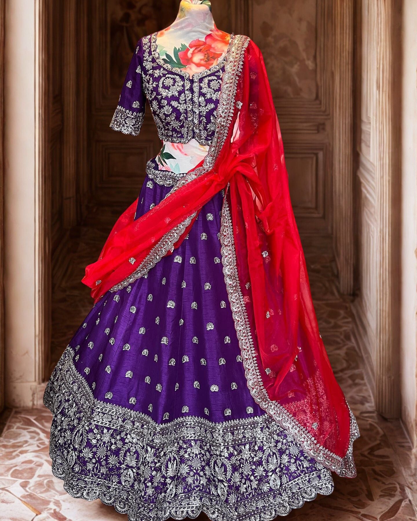 Dark Purple Silk Embroidered Lehenga