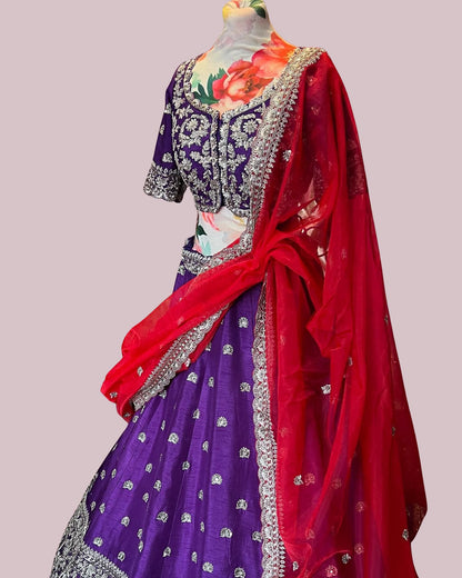 Dark Purple Silk Embroidered Lehenga