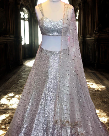 Grey Pink Net Sequins Lehenga