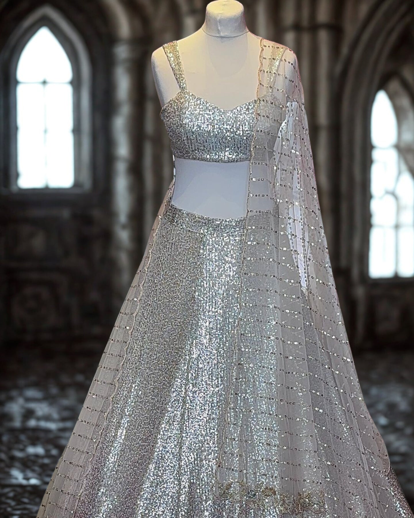 Grey Pink Net Sequins Lehenga