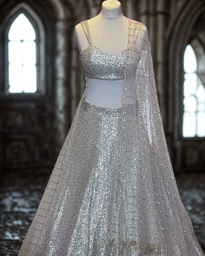Grey Pink Net Sequins Lehenga