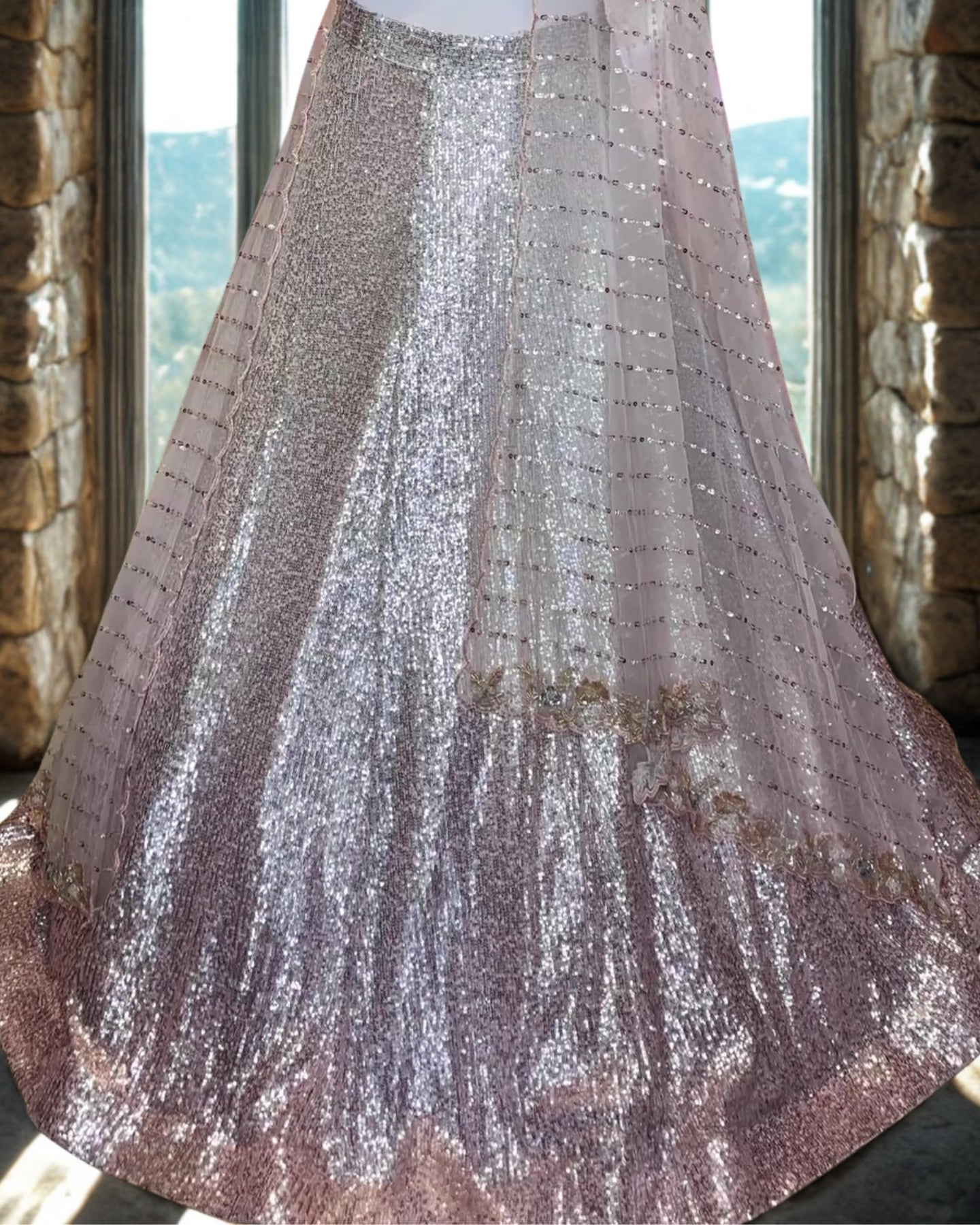 Grey Pink Net Sequins Lehenga