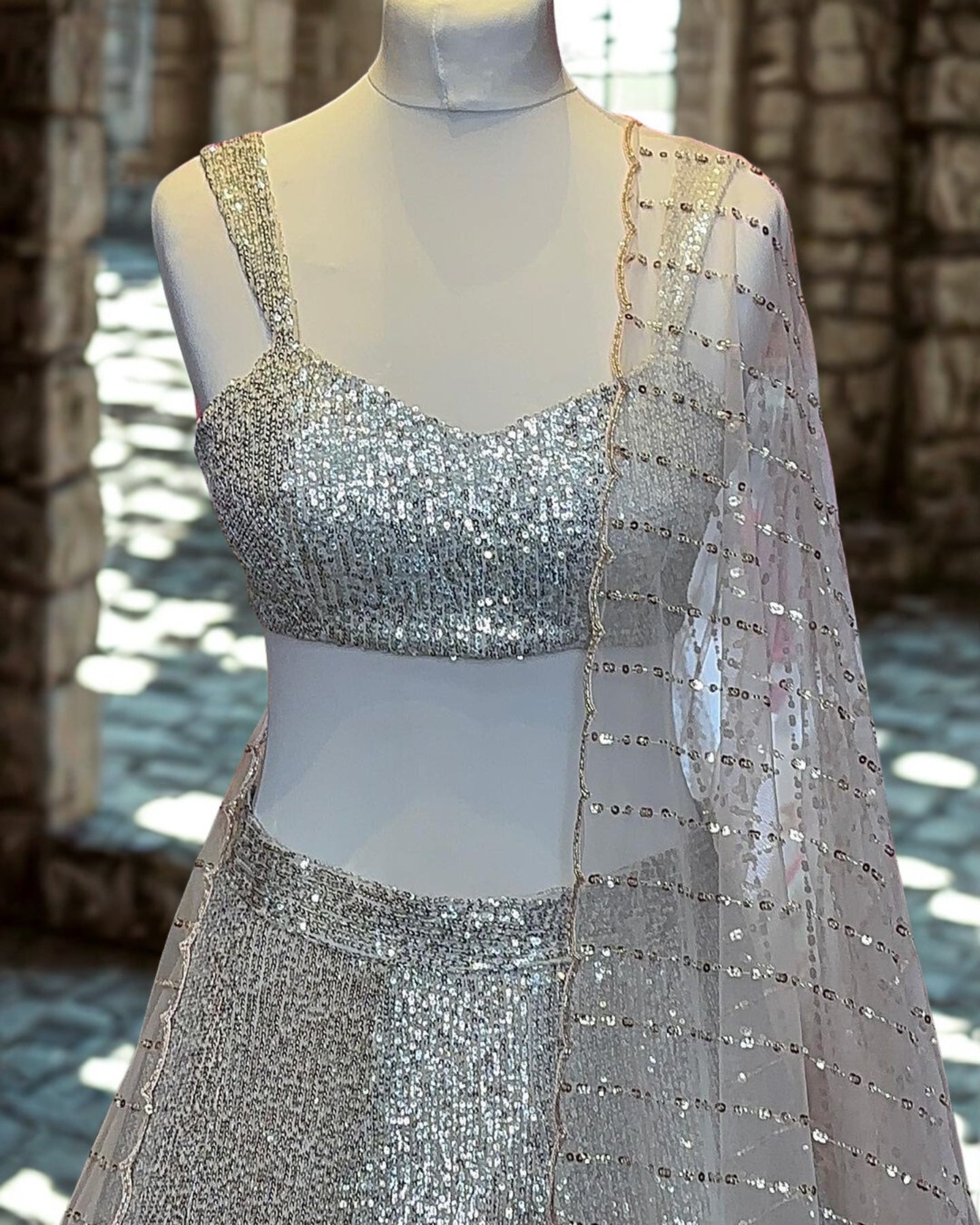 Grey Pink Net Sequins Lehenga