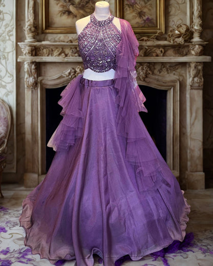 Lavender Net Embroidered Lehenga