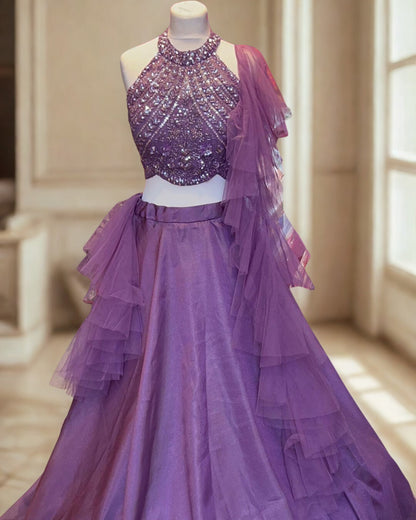 Lavender Net Embroidered Lehenga