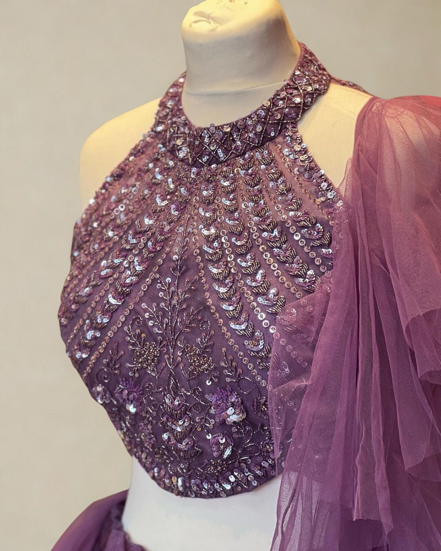 Lavender Net Embroidered Lehenga