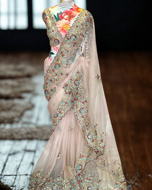 Light Pink Organza Silk Saree And Unstitched Blouse