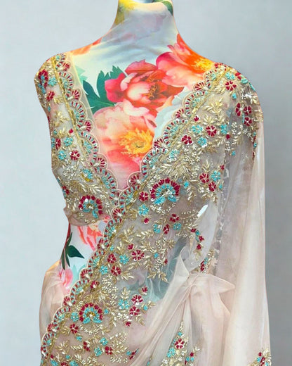 Light Pink Organza Silk Saree And Unstitched Blouse