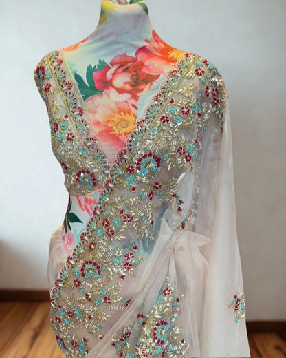 Light Pink Organza Silk Saree And Unstitched Blouse
