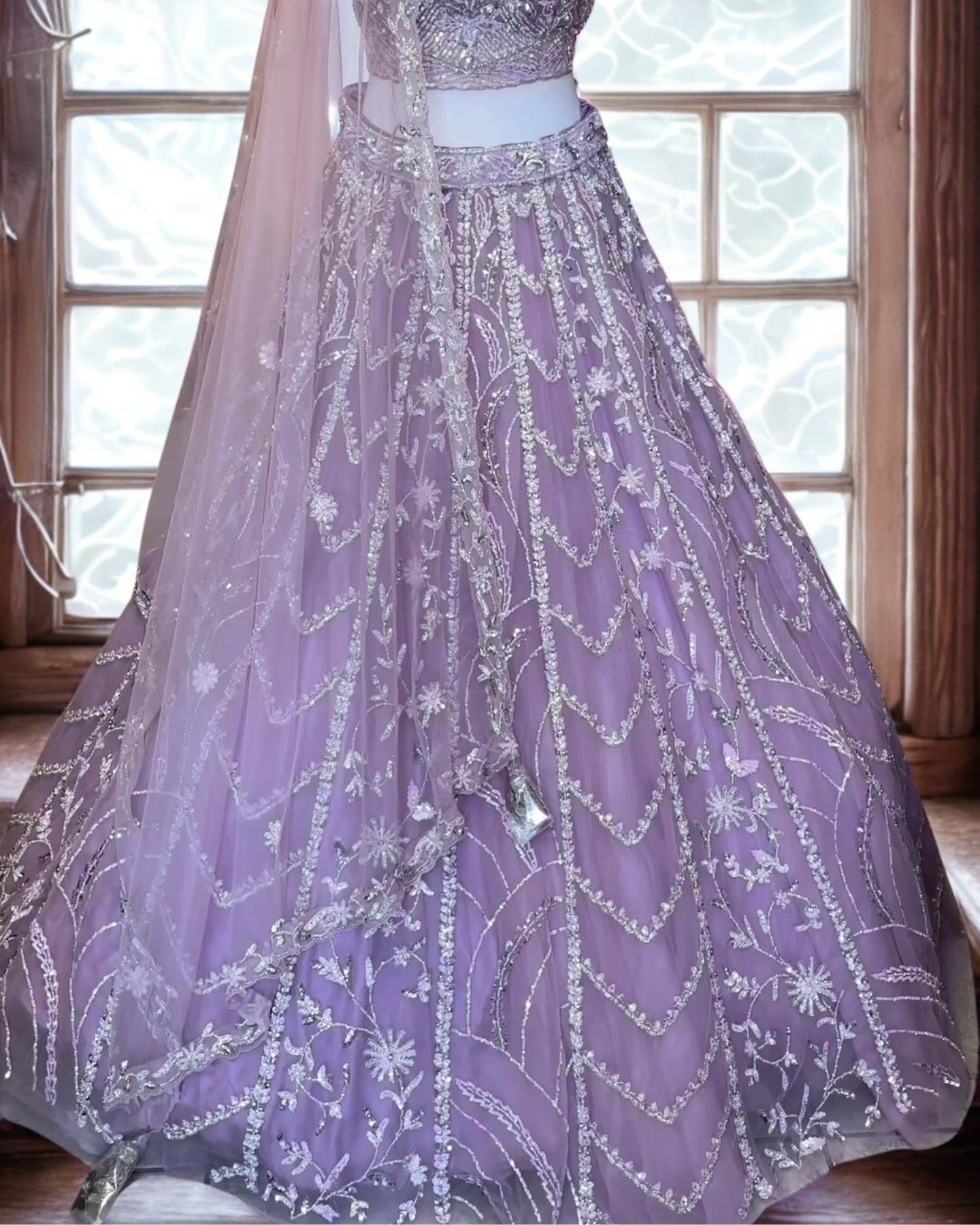 Light Purple Embroidered Net Lehenga
