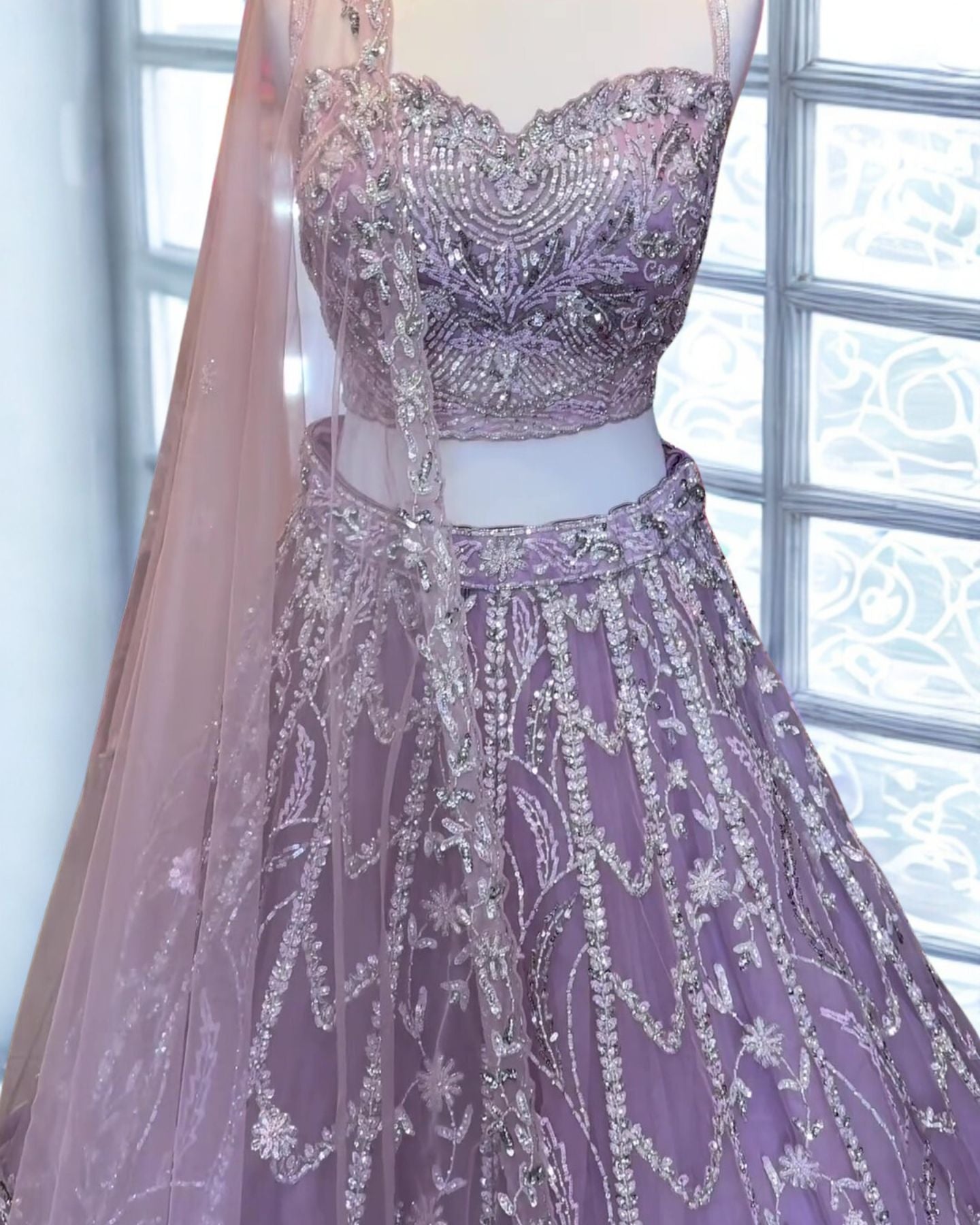 Light Purple Embroidered Net Lehenga