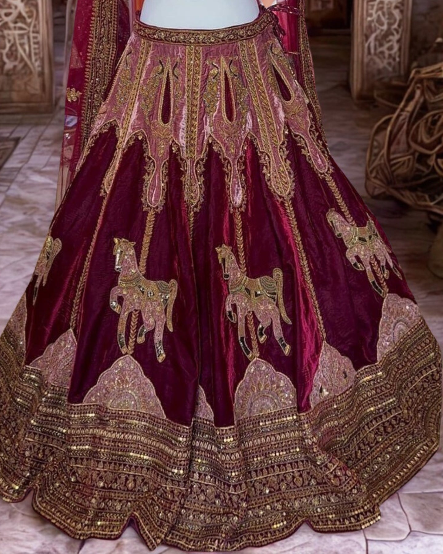 Marwar Couture Inspired Red Velvet Bridal Lehenga