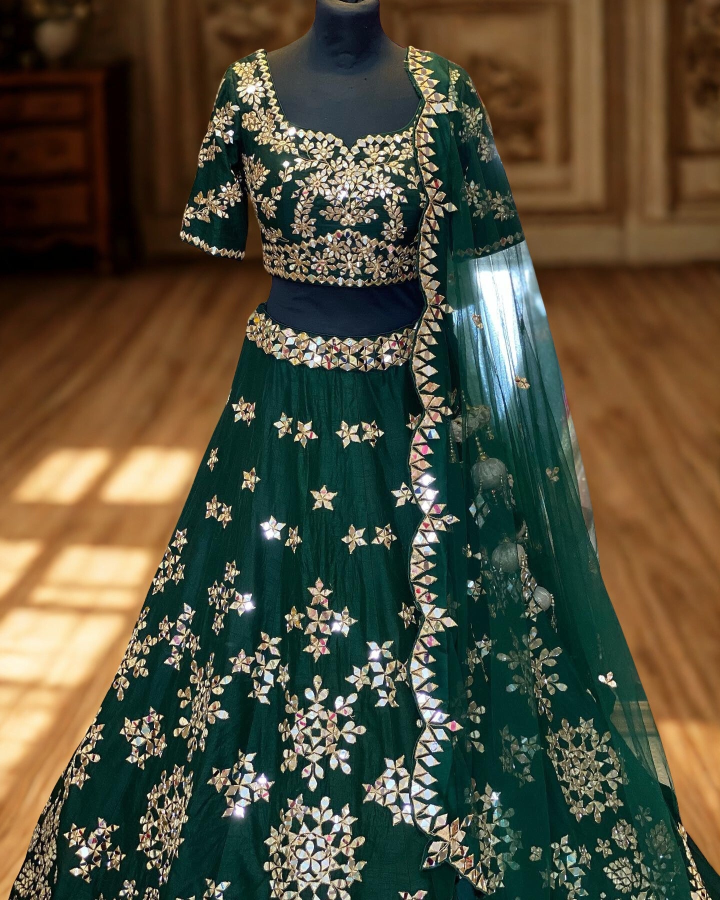 Nargin Green Mirror Work Lehenga