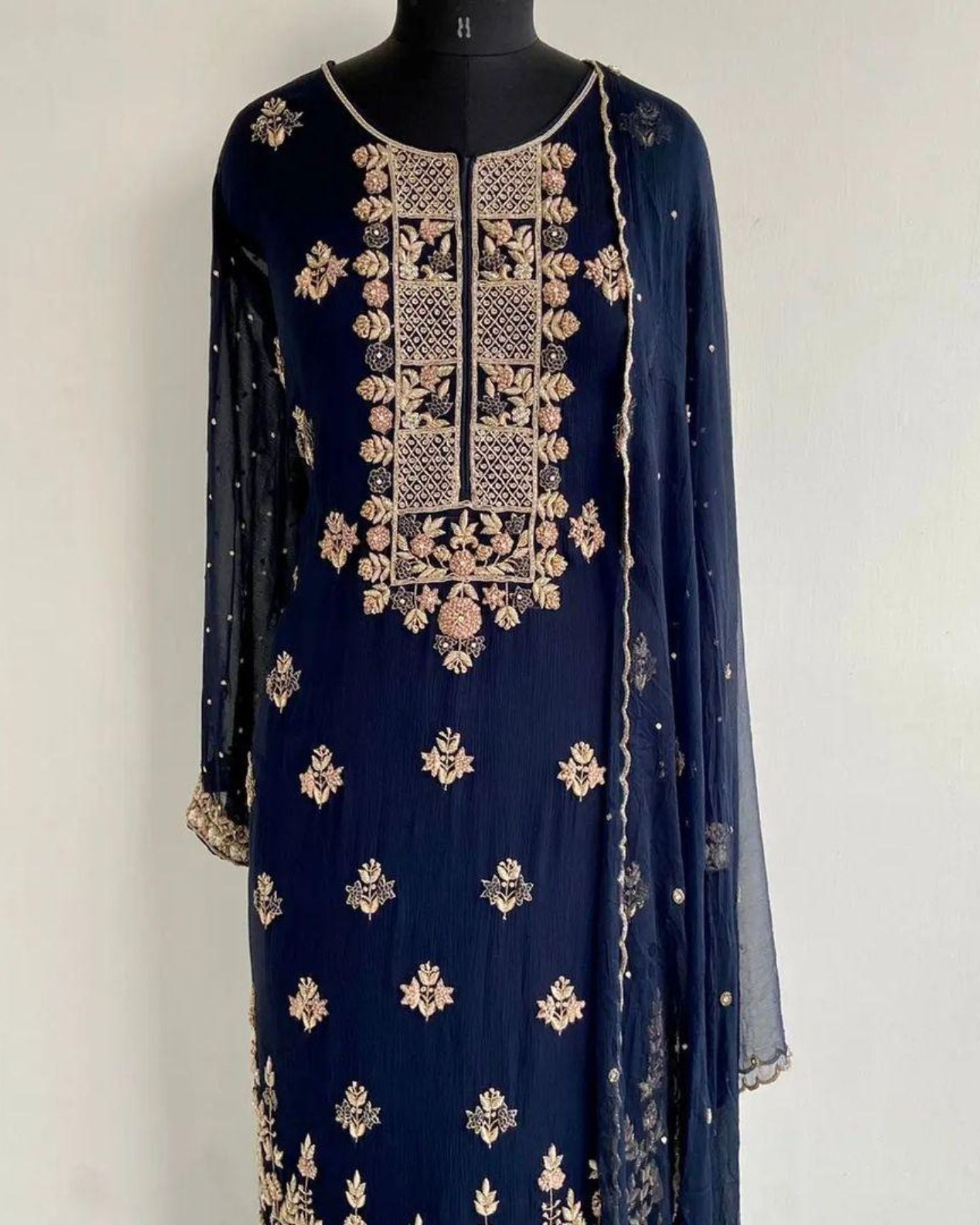 Navy Blue Chiffon Sharara Suit With Cutdana Embroidery