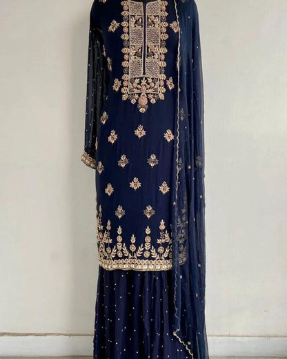 Navy Blue Chiffon Sharara Suit With Cutdana Embroidery