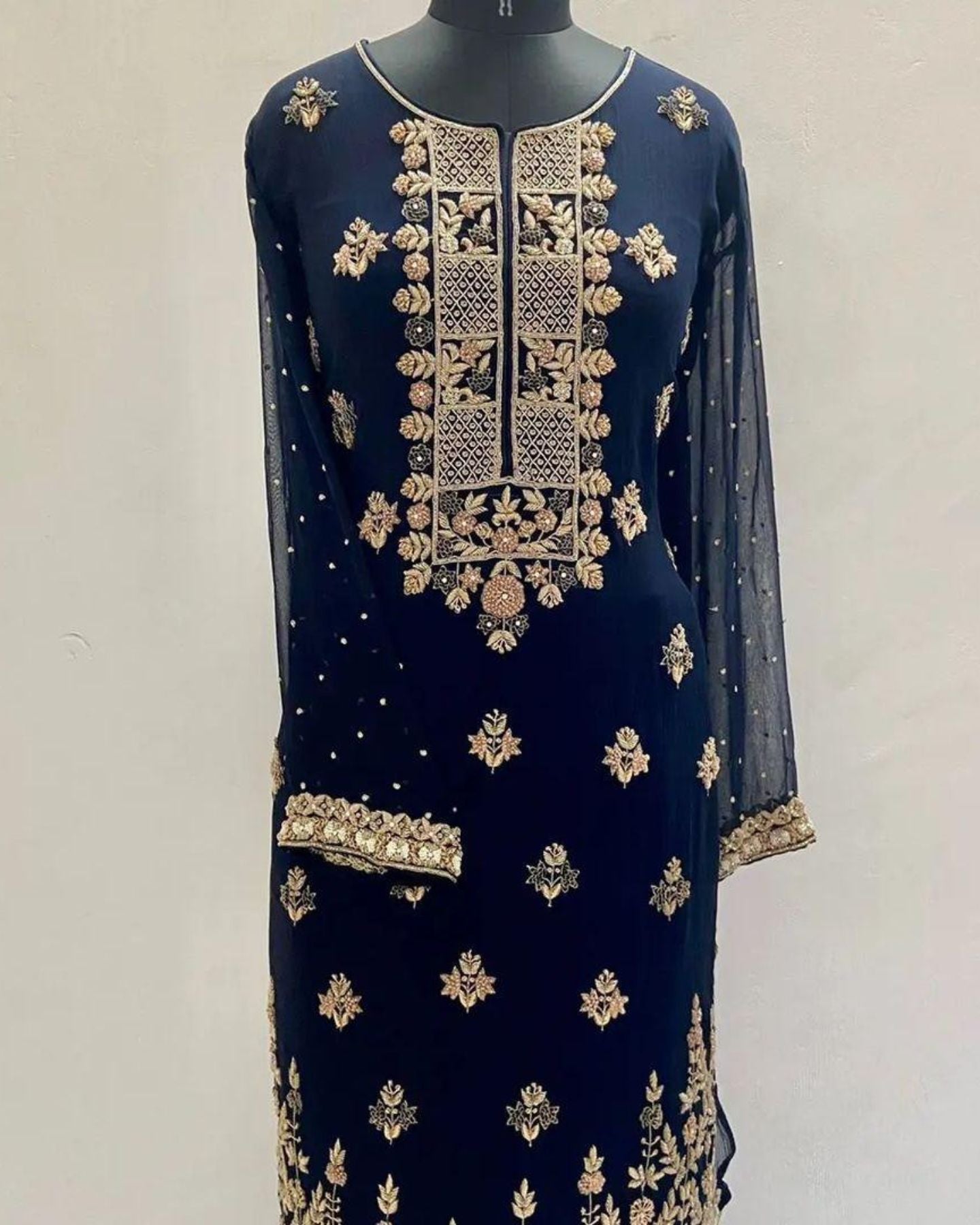Navy Blue Chiffon Sharara Suit With Cutdana Embroidery