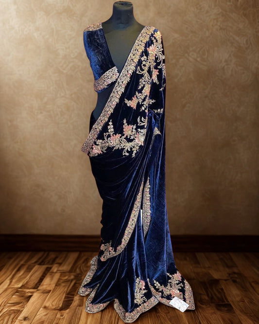 Navy Blue Velvet Saree With Unstitched Blouse