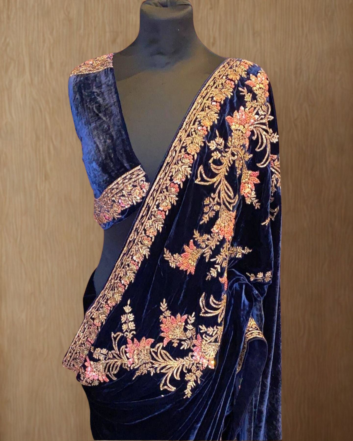 Navy Blue Velvet Saree With Unstitched Blouse