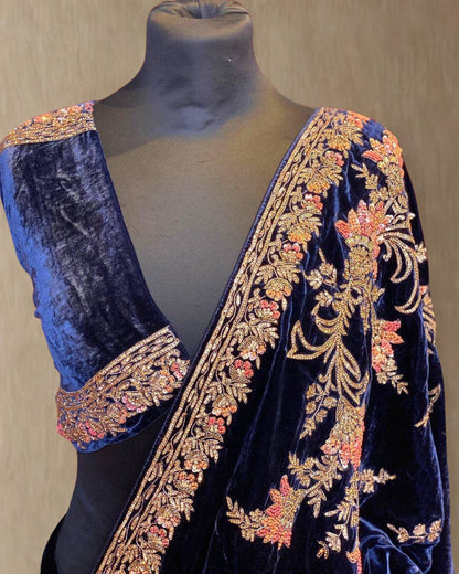Navy Blue Velvet Saree With Unstitched Blouse