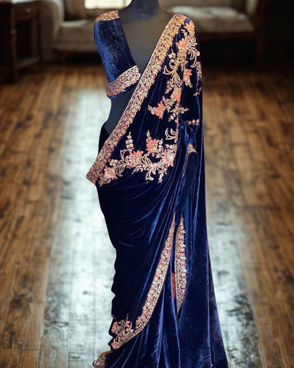 Navy Blue Velvet Saree With Unstitched Blouse