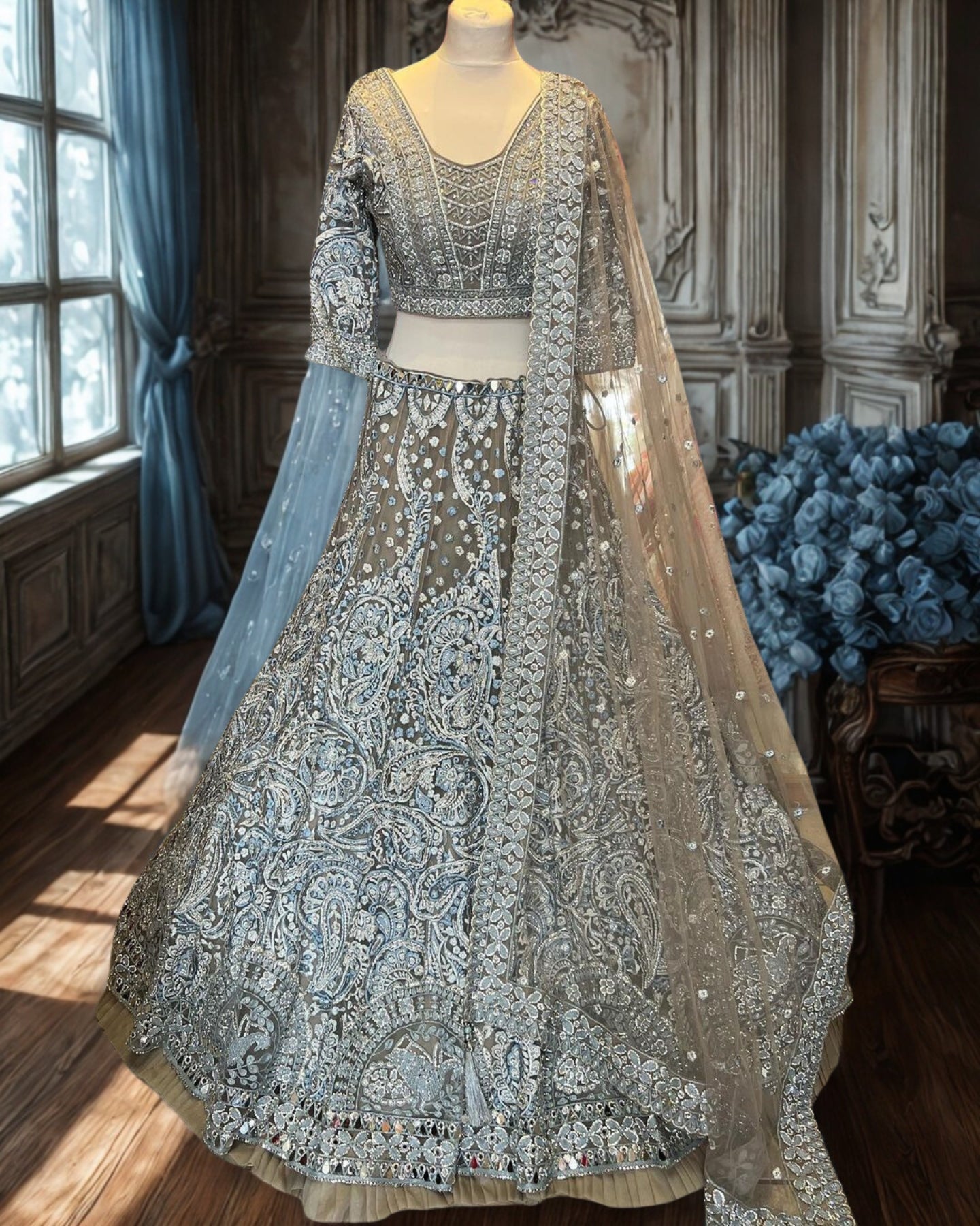 Brown Net Embroidered Lehenga