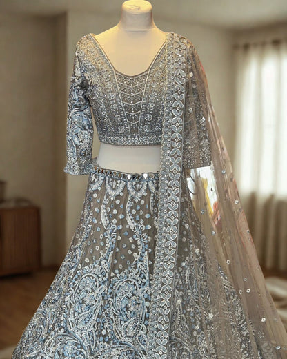 Brown Net Embroidered Lehenga