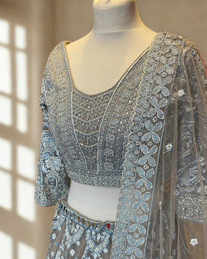 Brown Net Embroidered Lehenga