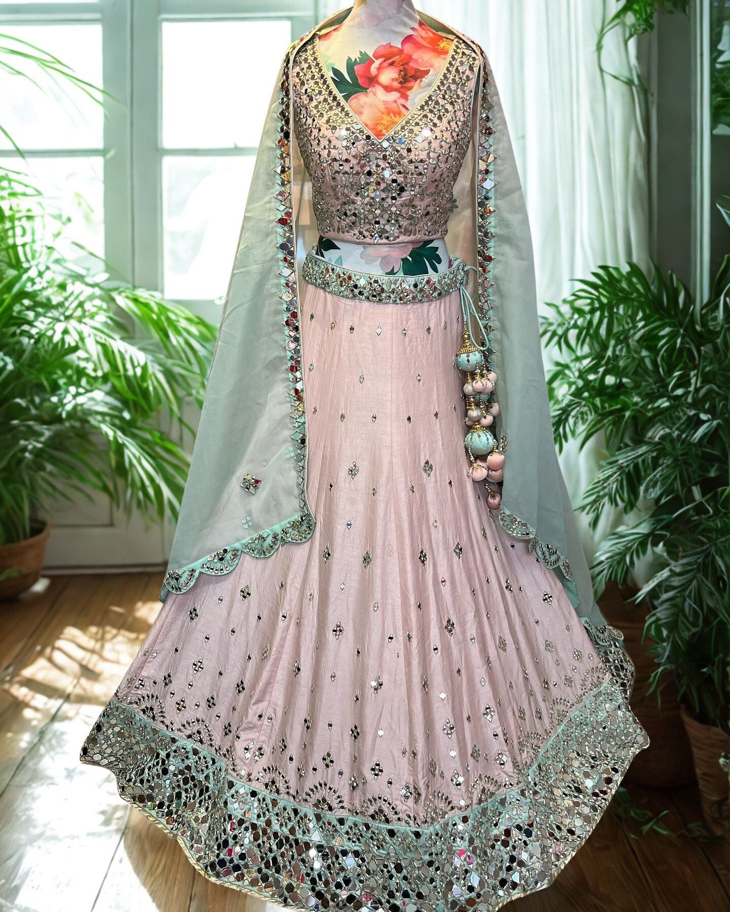 Pastel Pink Mirror Work Lehenga