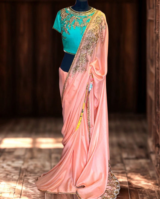 Peach Satin Saree With Zari Work