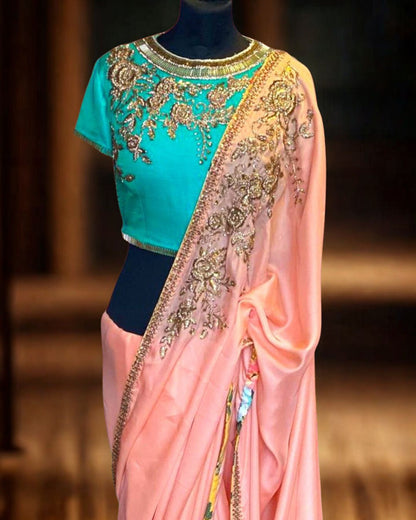 Peach Satin Saree With Zari Work
