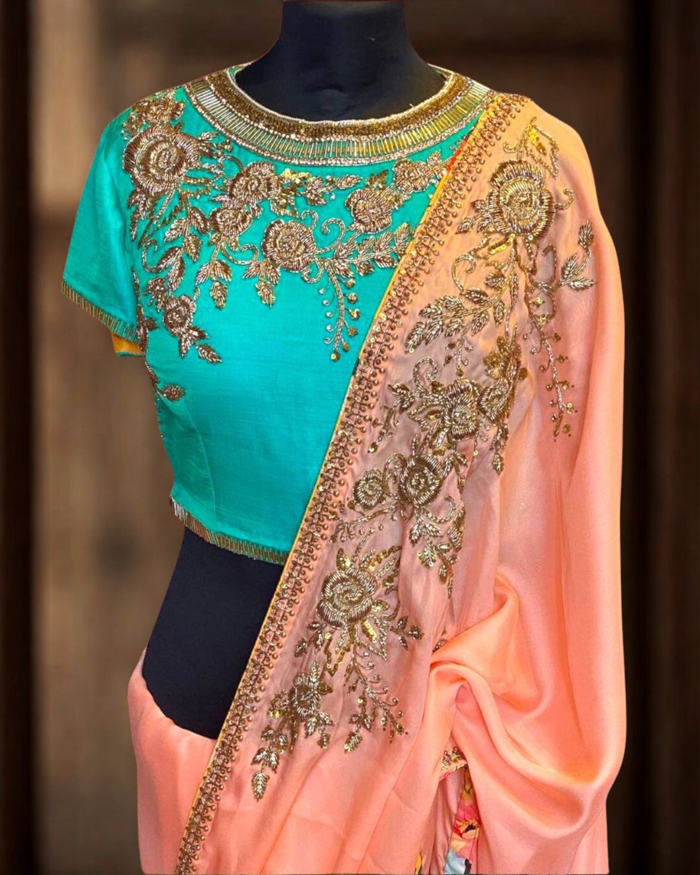 Peach Satin Saree With Zari Work