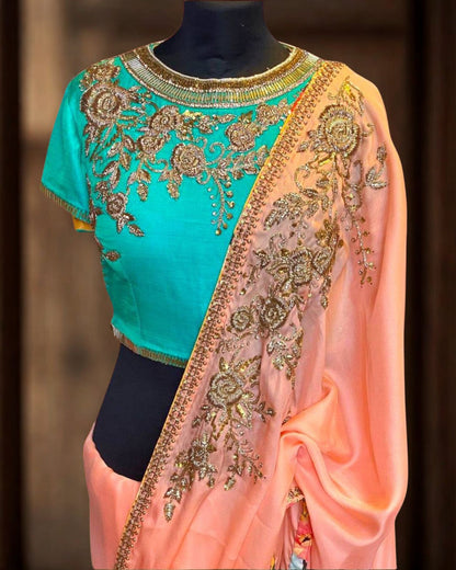 Peach Satin Saree With Zari Work